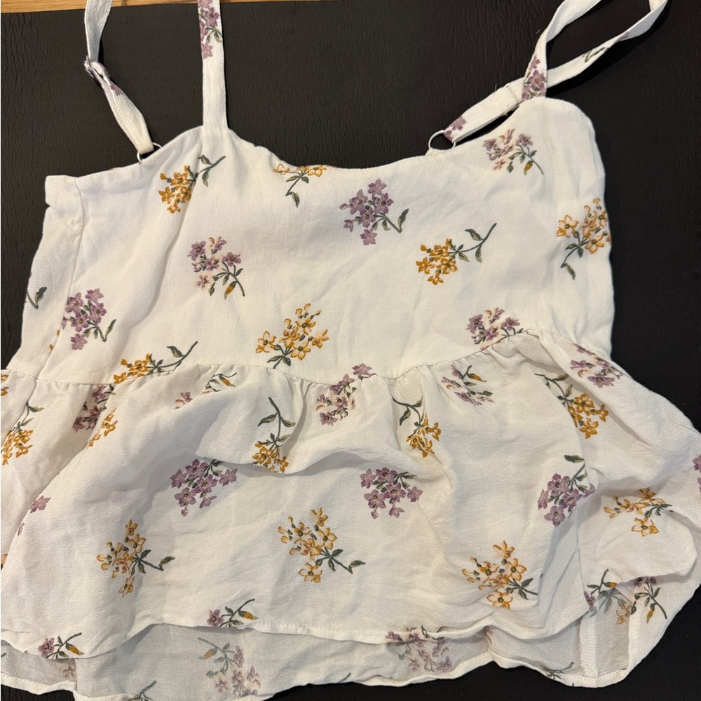 Hollister White Floral Ruffle Cami with Yellow & Lavender Print